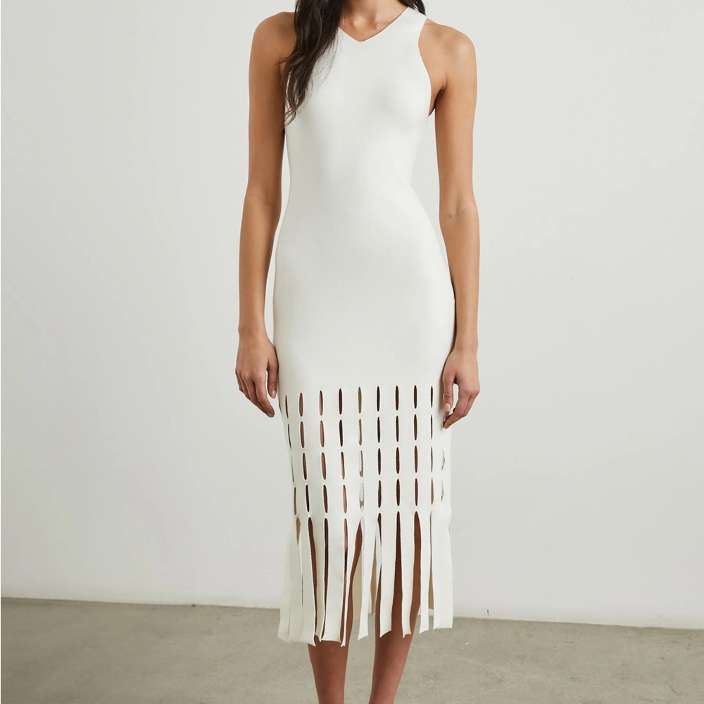Rails White Sleeveless Midi Dress with Fringe Cutouts